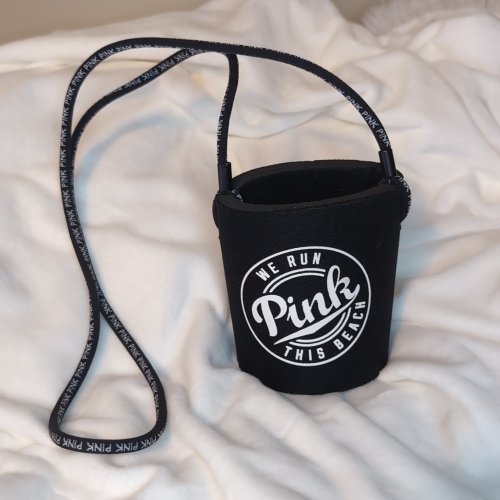 Victoria’s Secret Pink Black Coozie Drink Holder with Strap VACATION READY